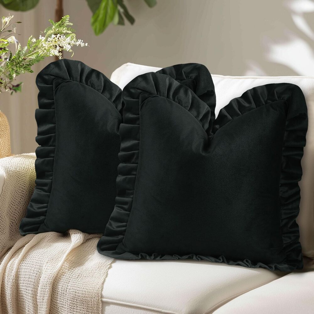 6039 Black Velvet Square Throw Pillow Covers 20x20 Inch with Ruffles, Pack